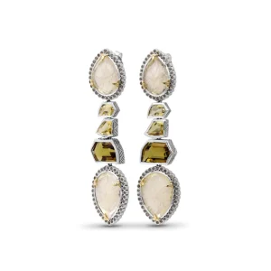 Stephen Dweck Carventurous Internally Carved Natural Quartz Gold Lining and Citrine Earring in Sterling Silver with Champagne Diamonds and 18K Gold Flowers< Earrings