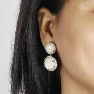 Stephen Dweck Carventurous Internally Carved Natural Quartz Gold Lining with Champagne Diamonds Earrings in Sterling Silver with 18K Gold Flowers< Earrings