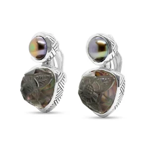 Stephen Dweck Carventurous Peacock Pearl Hand Carved Natural Quartz and Mother of Pearl Clip Earrings in Sterling Silver< Earrings