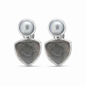 Stephen Dweck Carventurous Silver Pearl Hand Carved Natural Quartz and Mother of Pearl Clip Earrings in Sterling Silver< Earrings