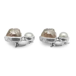 Stephen Dweck Carventurous Silver Pearl Hand Carved Natural Quartz and Mother of Pearl Clip Earrings in Sterling Silver< Earrings