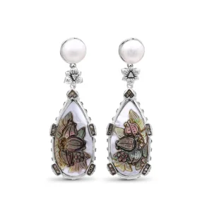 Stephen Dweck Carventurous White Pearl Carved Mother of Pearl Earrings with Champagne Diamonds in Sterling Silver< Earrings