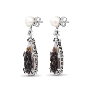 Stephen Dweck Carventurous White Pearl Carved Mother of Pearl Earrings with Champagne Diamonds in Sterling Silver< Earrings