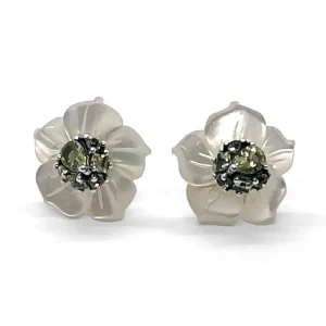 Stephen Dweck Colorbloom Hand Carved Mother of Pearl Flower Small and Peridot Earrings in Sterling Silver< Earrings