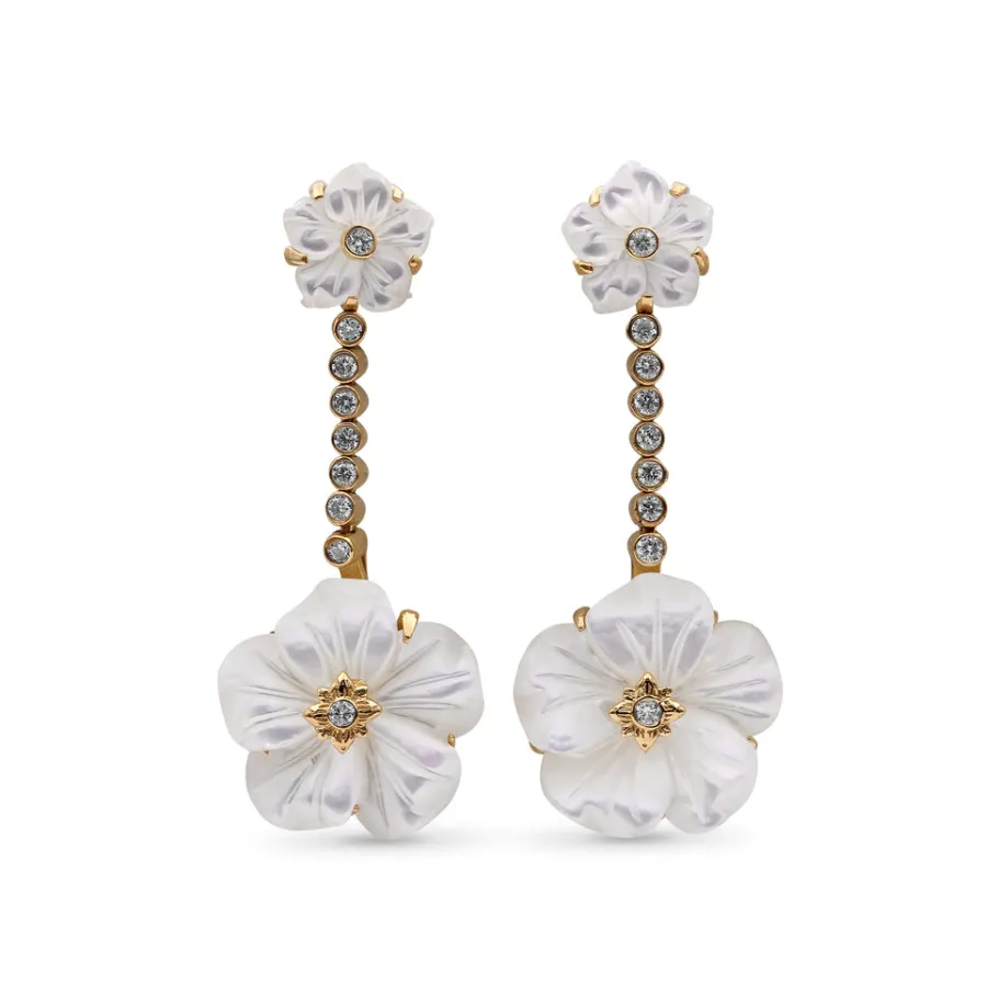 Stephen Dweck Colorbloom 8mm, 14mm White Mother of Pearl Flower and White Diamond 0.20ct Earring in 18K Gold< Earrings