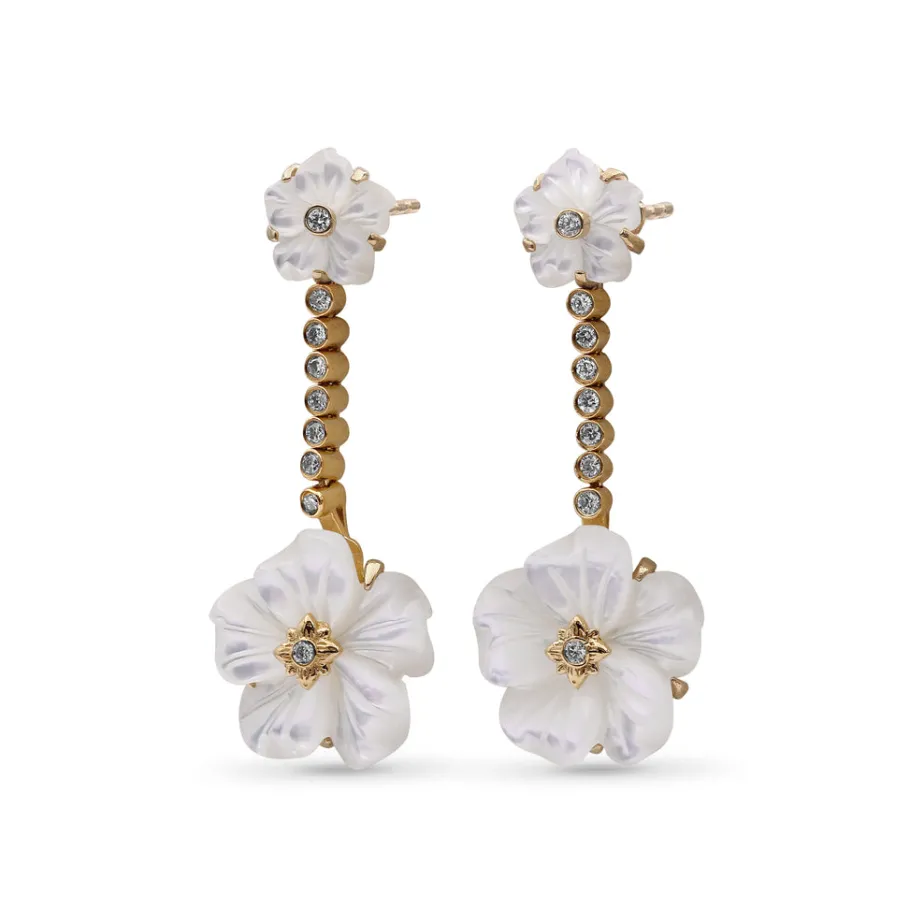 Stephen Dweck Colorbloom 8mm, 14mm White Mother of Pearl Flower and White Diamond 0.20ct Earring in 18K Gold< Earrings