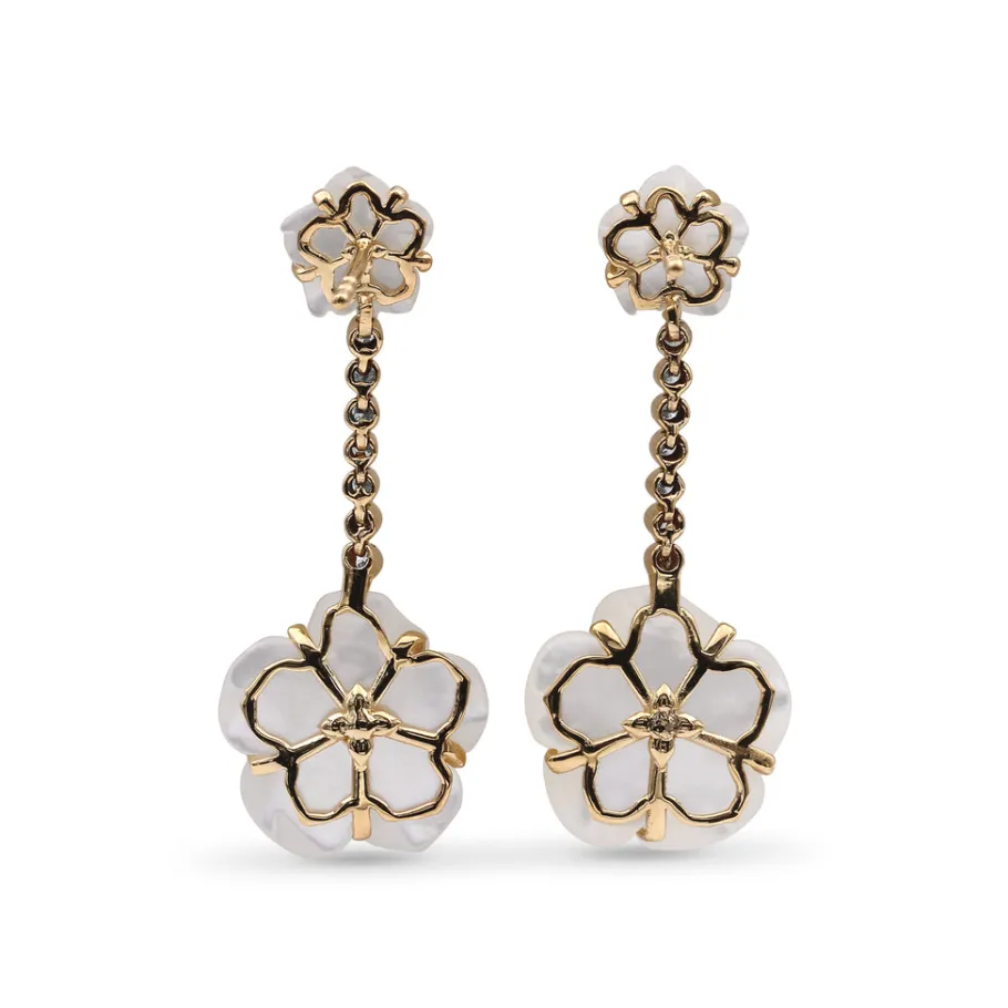 Stephen Dweck Colorbloom 8mm, 14mm White Mother of Pearl Flower and White Diamond 0.20ct Earring in 18K Gold< Earrings