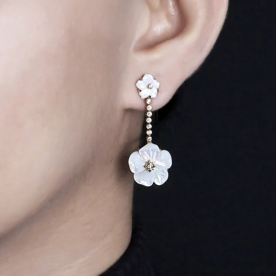 Stephen Dweck Colorbloom 8mm, 14mm White Mother of Pearl Flower and White Diamond 0.20ct Earring in 18K Gold< Earrings