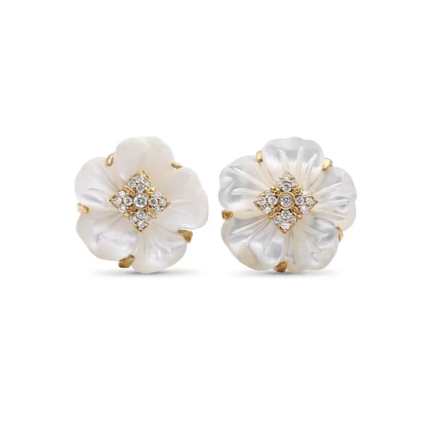 Stephen Dweck Colorbloom 14mm White Mother of Pearl Flower and White Diamond 0.15ct Earring in 18K Gold< Earrings