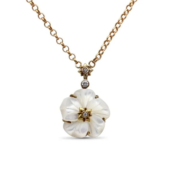 Stephen Dweck Colorbloom 14mm White Mother of Pearl Flower and White Diamond 0.10ct Pendant in 18K Gold< Necklace