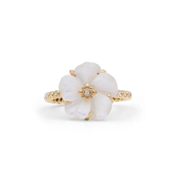 Stephen Dweck Colorbloom 14mm White Mother of Pearl Flower and White Diamond 0.20ct Ring in 18K Gold< Rings