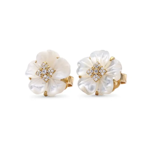 Stephen Dweck Colorbloom 14mm White Mother of Pearl Flower and White Diamond 0.15ct Earring in 18K Gold< Earrings