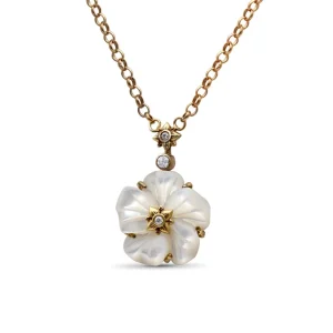 Stephen Dweck Colorbloom 14mm White Mother of Pearl Flower and White Diamond 0.10ct Pendant in 18K Gold< Necklace