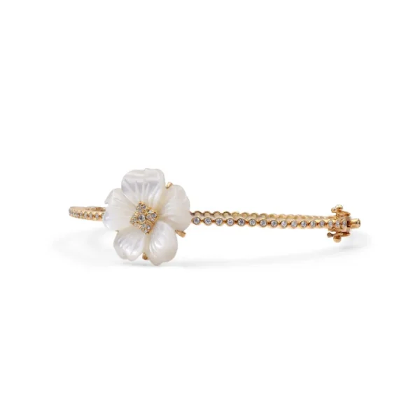 Stephen Dweck Colorbloom 22mm White Mother of Pearl Flower and White Diamond 0.45ct Bangle in 18K Gold< Bracelets