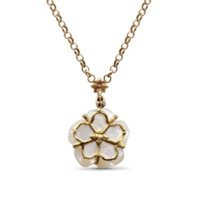 Stephen Dweck Colorbloom 14mm White Mother of Pearl Flower and White Diamond 0.10ct Pendant in 18K Gold< Necklace