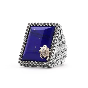 Stephen Dweck Faceted Lapis and Diamond 0.50ct Ring in Sterling Silver with 18K Gold Diamond Pave Adam< Rings