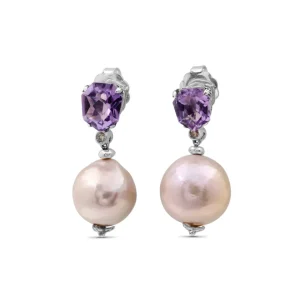 Stephen Dweck Galactical Amethyst Baroque Pearl and Champagne Diamond Drop Earrings in Sterling Silver< Earrings