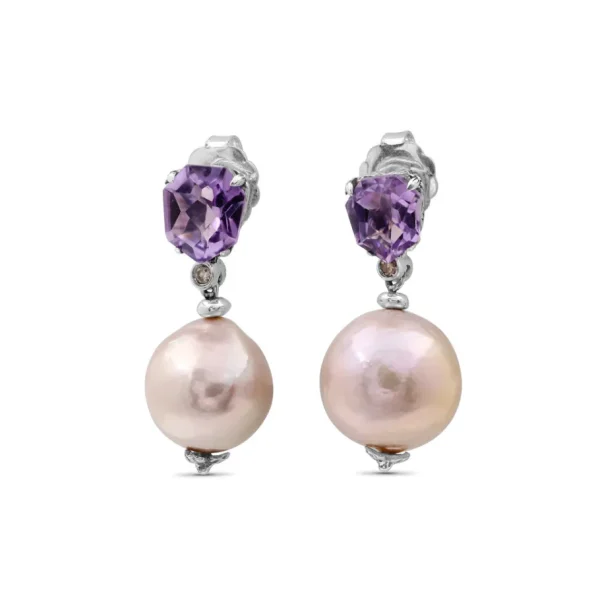 Stephen Dweck Galactical Amethyst Baroque Pearl and Champagne Diamond Drop Earrings in Sterling Silver< Earrings