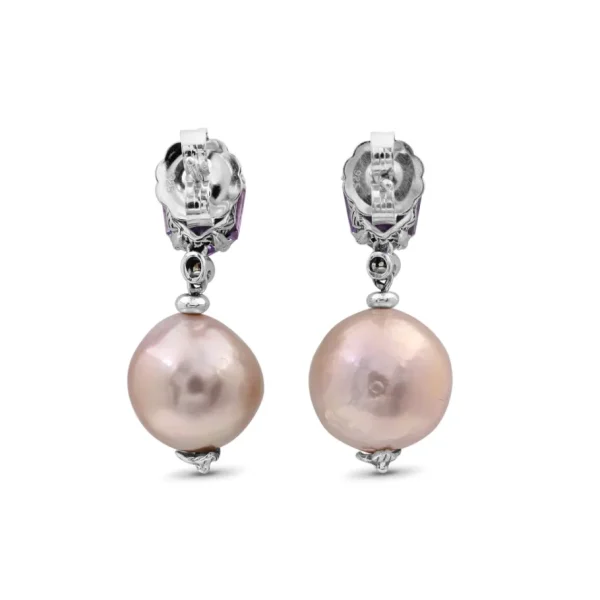 Stephen Dweck Galactical Amethyst Baroque Pearl and Champagne Diamond Drop Earrings in Sterling Silver< Earrings
