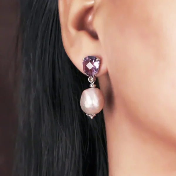 Stephen Dweck Galactical Amethyst Baroque Pearl and Champagne Diamond Drop Earrings in Sterling Silver< Earrings