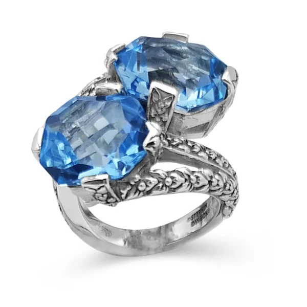 Stephen Dweck Galactical Blue Topaz Double Stone Ring with Engraved Sterling Silver< Rings