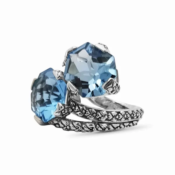 Stephen Dweck Galactical Blue Topaz Double Stone Ring with Engraved Sterling Silver< Rings