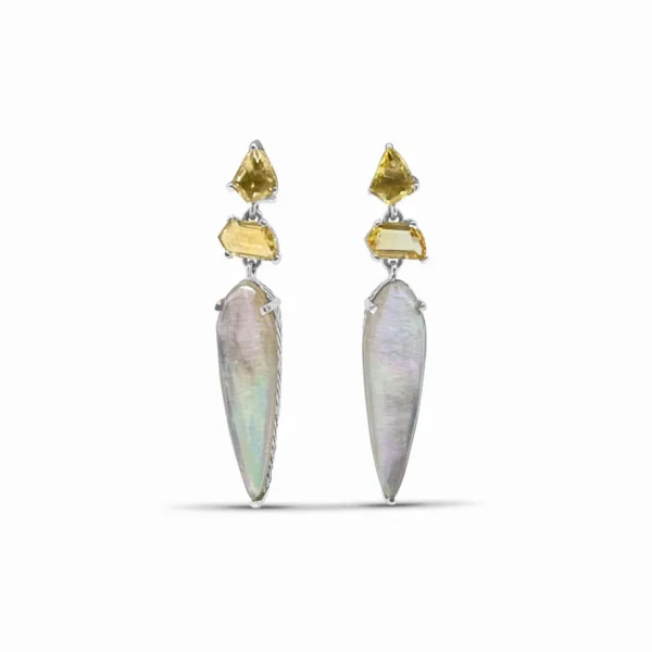 Stephen Dweck Galactical Champagne and Natural Quartz Mother of Pearl and Sunstone Earrings in Sterling Silver< Earrings