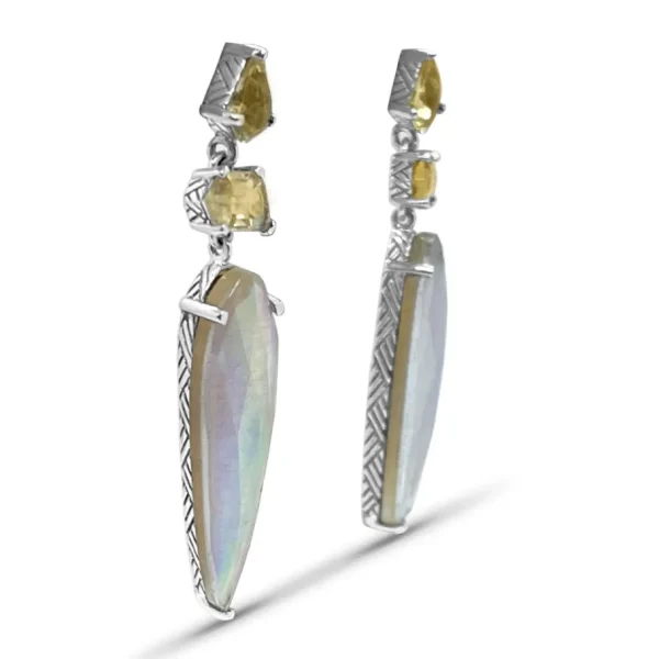 Stephen Dweck Galactical Champagne and Natural Quartz Mother of Pearl and Sunstone Earrings in Sterling Silver< Earrings