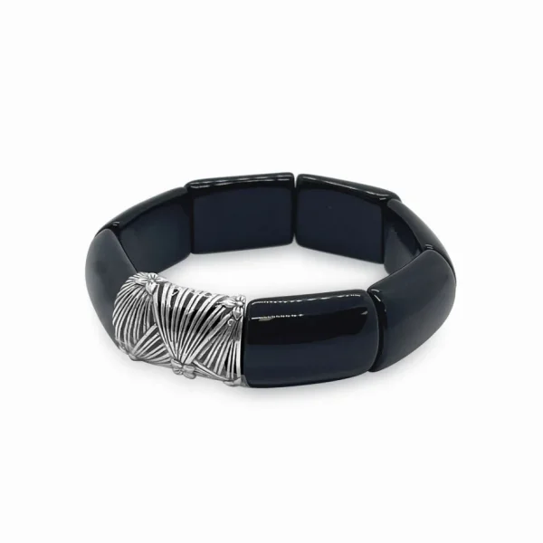 Stephen Dweck Garden of Stephen Black Agate Stretch Bracelet with Sterling Silver Sunray Engraved Grill< Bracelets