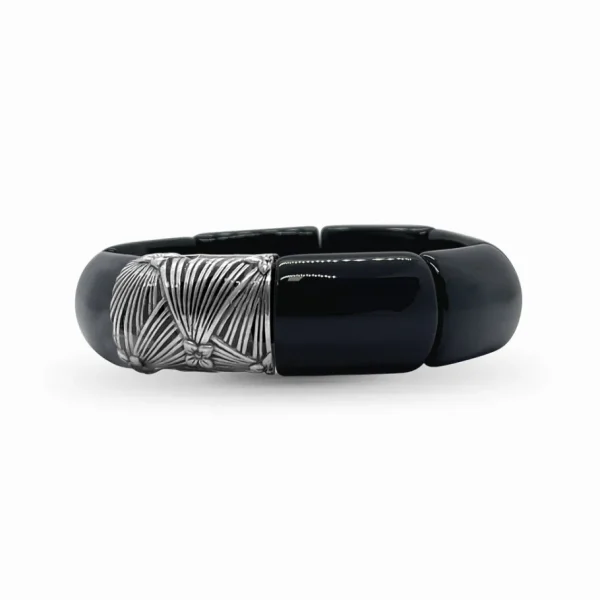 Stephen Dweck Garden of Stephen Black Agate Stretch Bracelet with Sterling Silver Sunray Engraved Grill< Bracelets