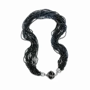 Stephen Dweck Garden of Stephen Black Spinel Multi-Strand Necklace in Sterling Silver with Black Spinel Pave Sunray Ball Clasp< Necklace