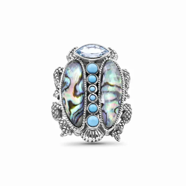 Stephen Dweck Garden of Stephen Blue Topaz Turquoise Natural Quartz Abalone Scarab Ring in Sterling Silver< Rings