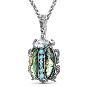 Stephen Dweck Garden of Stephen Blue Topaz Turquoise Natural Quartz and Abalone Scarab Pendant in Sterling Silver< Necklace