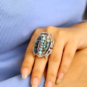 Stephen Dweck Garden of Stephen Blue Topaz Turquoise Natural Quartz Abalone Scarab Ring in Sterling Silver< Rings