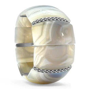 Stephen Dweck Garden of Stephen Grey Stripe Agate Slip-On Bracelet with Flower Engraved Sterling Silver Spacers< Bracelets