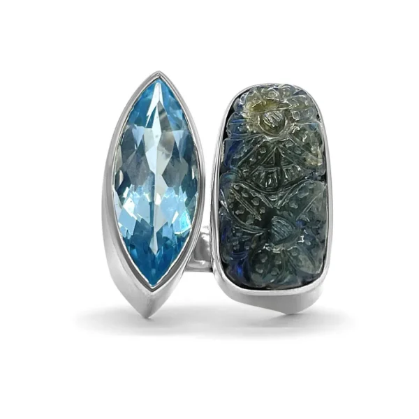 Stephen Dweck Garden of Stephen Hand Carved Labradorite Faceted Blue Topaz Ring in Sterling Silver< Rings