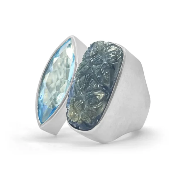 Stephen Dweck Garden of Stephen Hand Carved Labradorite Faceted Blue Topaz Ring in Sterling Silver< Rings