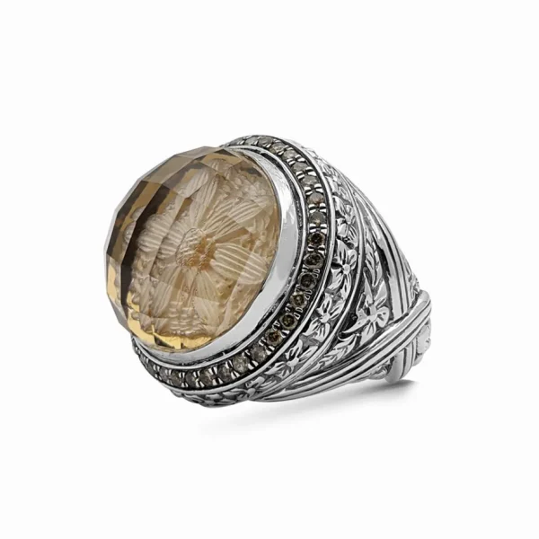 Stephen Dweck Garden of Stephen Internally Carved Smoky Quartz and Champagne Diamond 0.55ct Ring in Sterling Silver< Rings