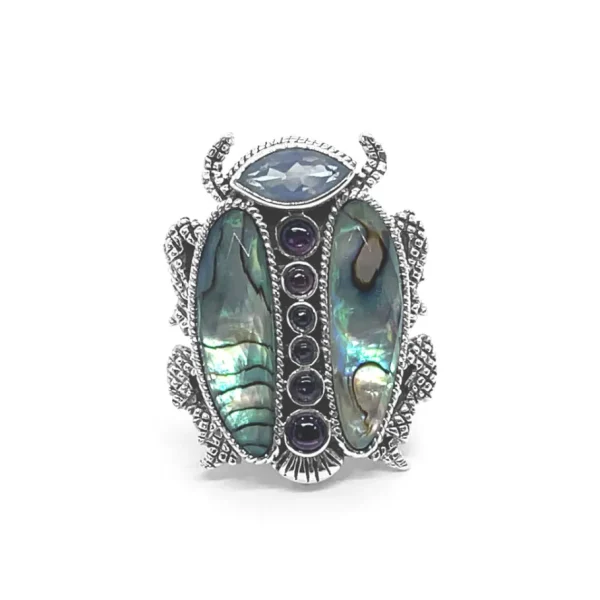 Stephen Dweck Garden of Stephen Lavender Moon Quartz Rhodolite Garnet Natural Quartz and Abalone Scarab Ring in Sterling Silver< Rings