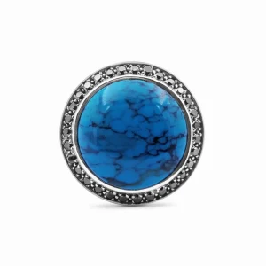 Stephen Dweck Garden of Stephen 18MM Round Black Vein Turquoise Ring in Sterling Silver with 0.55ct Black Diamonds< Rings