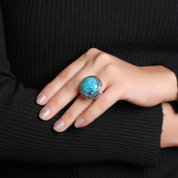 Stephen Dweck Garden of Stephen 18MM Round Black Vein Turquoise Ring in Sterling Silver with 0.55ct Black Diamonds< Rings