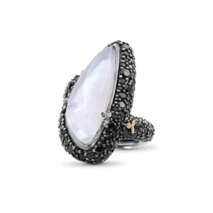 Stephen Dweck Garden of Stephen Natural Quartz Mother of Pearl and Black Spinel Ring in Sterling Silver with 18K Gold Flowers< Rings