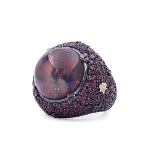 Stephen Dweck Garden of Stephen Natural Quartz Mother of Pearl and Rhodolite Garnet Pave Ring in Sterling Silver with 18K Gold Flowers< Rings