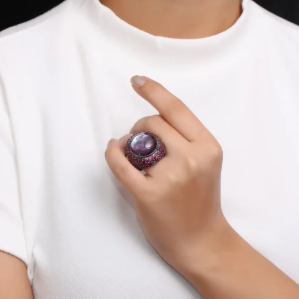 Stephen Dweck Garden of Stephen Natural Quartz Mother of Pearl and Rhodolite Garnet Pave Ring in Sterling Silver with 18K Gold Flowers< Rings