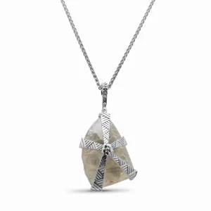 Stephen Dweck Garden of Stephen Pendant of Hand Carved Natural Quartz Framed in Sterling Silver Etched Sunray Pattern, Sterling Chain< Necklace