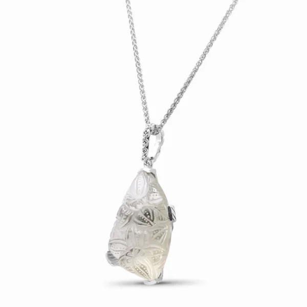 Stephen Dweck Garden of Stephen Pendant of Hand Carved Natural Quartz Framed in Sterling Silver Etched Sunray Pattern, Sterling Chain< Necklace