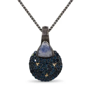 Stephen Dweck Garden of Stephen Rainbow Moonstone and London Blue Topaz Pendant in Sterling Silver with 18K Gold Flowers< Necklace