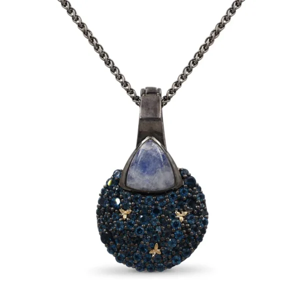 Stephen Dweck Garden of Stephen Rainbow Moonstone and London Blue Topaz Pendant in Sterling Silver with 18K Gold Flowers< Necklace