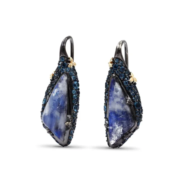 Stephen Dweck Garden of Stephen Rainbow Moonstone and London Blue Topaz Earrings in Sterling Silver with 18K Gold Flowers< Earrings