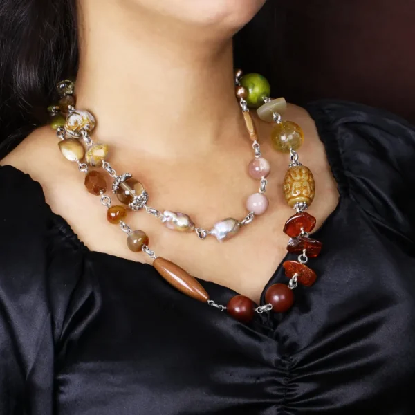 Stephen Dweck Garden of Stephen Turquoise Agate Flourite Jade Amber Carnelian Smoky Quartz Crazy Lace Agate Rutilated Quartz Pearls Moonstone and Aragonite Necklace in Sterling Silver< Necklace